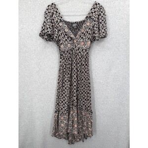 Angie Dress Womens Large Black Floral Short Sleeve Smocked Boho Midi Rayon